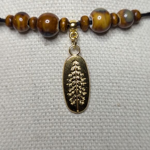 Pine Tree Charm Stainless Steel Ceramic Beaded Brown Gold Hippie Choker Necklace - Picture 4 of 6